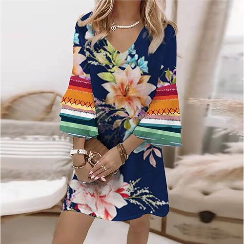 

Women's A Line Dress Short Mini Dress Navy Blue 3/4 Length Sleeve Floral Print Spring Summer V Neck Casual Vacation Flare Cuff Sleeve 2022 S M L XL XXL 3XL