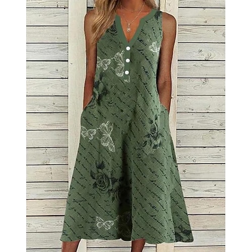 

Women's Shift Dress Knee Length Dress Green Sleeveless Floral Print Fall Spring V Neck Work Casual Vacation 2022 S M L XL 2XL 3XL