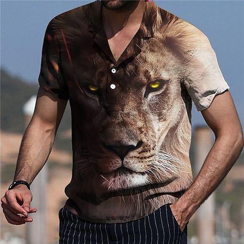 

Men's Shirt Print Lion Animal Turndown Street Casual Button-Down Print Short Sleeve Tops Casual Fashion Designer Breathable Brown / Spring / Summer