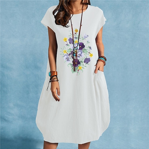 

Mujer Vestido de cambio Negro Azul Marino Blanco Manga Corta Floral Bolsillo Primavera Verano Cuello Barco Holgado 2022 S M L XL XXL 3XL