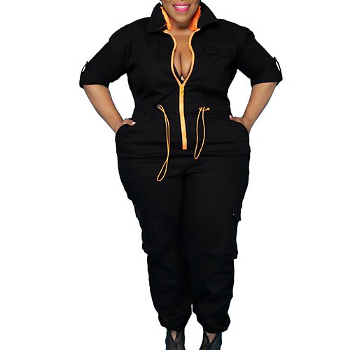 

Women's Plus Size Jumpsuit Pocket Solid Color Casual Streetwear Daily Going out Natural Full Length Spring Summer Black Army Green L XL XXL 3XL 4XL / Cotton