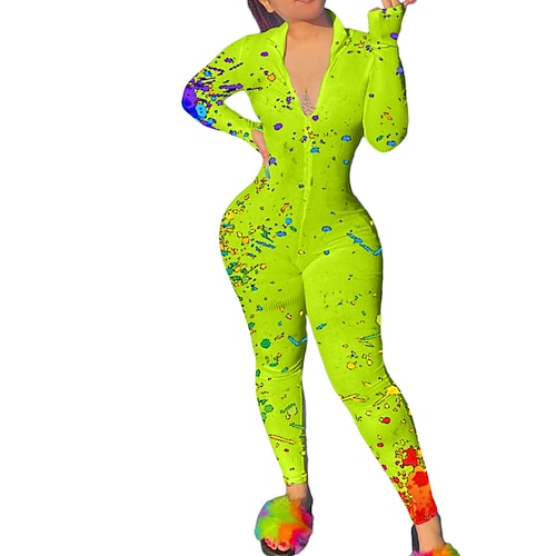 

Women's Jumpsuit Print Floral V Neck Active Sport Daily Regular Fit Long Sleeve Blue Black Light Green S M L Spring