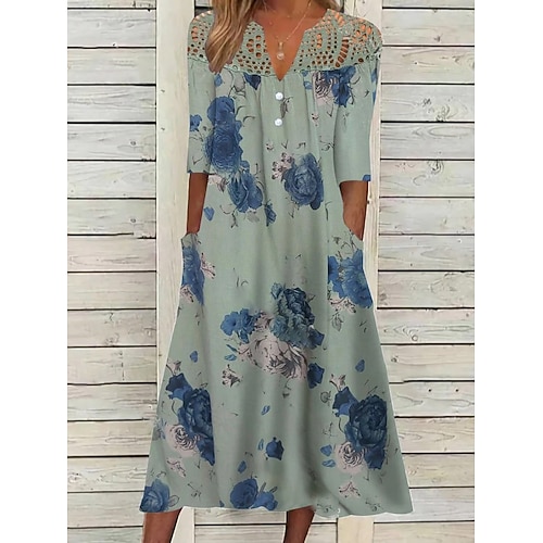 

Women's A Line Dress Midi Dress Green Beige Half Sleeve Floral Print Print Spring Summer V Neck Casual 2022 S M L XL XXL 3XL