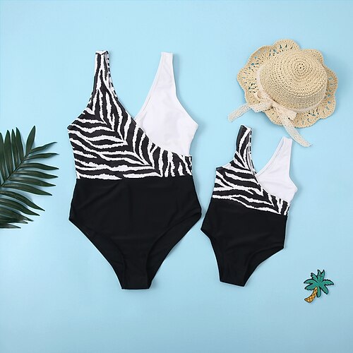 

Mommy and Me Swimsuit Striped Color Block Causal Print Colorblock Sleeveless Vacation Matching Outfits