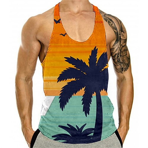 

Men's Tank Top Vest 3D Print Scenery Graphic Prints Crew Neck Daily Sports Print Sleeveless Tops Classic Designer Hawaiian Big and Tall Orange