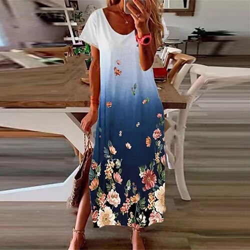 

Mujer Vestido de cambio Vestido Midi Blanco Manga Corta Floral Separado Primavera Verano Cuello Barco Holgado 2022 S M L XL XXL