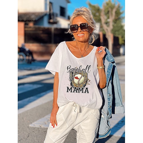 

Women's Casual Weekend Painting T shirt Tee Leopard Text Baseball Short Sleeve Print V Neck Basic Tops Green White Black S
