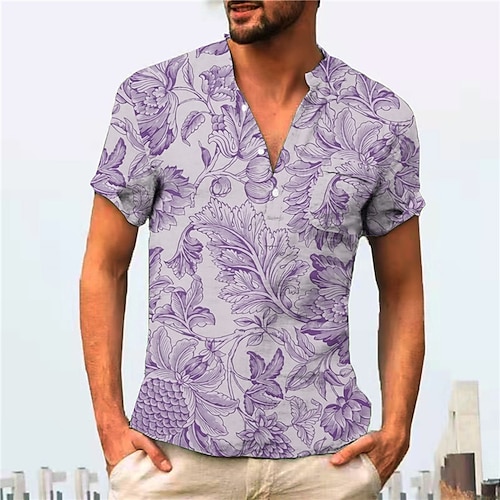 

Homme Chemise Feuilles Col V Violet Print Extérieur Plein Air Manches Courtes Bouton bas Imprimer Vêtement Tenue Mode Design Casual Respirable / Eté / Printemps / Eté