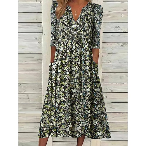 

Women's Casual Dress Midi Dress Green Half Sleeve Floral Ruched Summer Spring Fall V Neck Casual Weekend 2023 S M L XL XXL 3XL