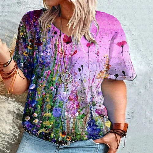 

Women's Plus Size Curve Tops T shirt Floral Graphic Print Short Sleeve Round Neck Streetwear Daily Vacation Polyester Spring Summer Green Purple