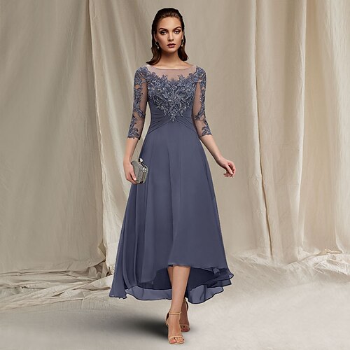 

Two Piece A-Line Mother of the Bride Dress Elegant Wrap Included Jewel Neck Tea Length Knee Length Chiffon Lace 3/4 Length Sleeve with Sequin Appliques 2022