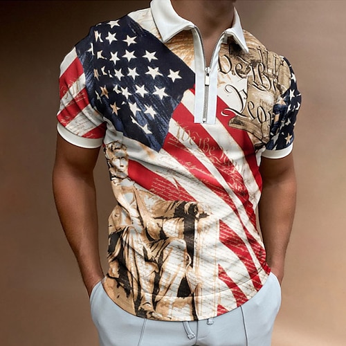 

Men's Collar Polo Shirt Golf Shirt National Flag Turndown Light Brown Street Casual Short Sleeve Zipper Clothing Apparel Fashion Casual Comfortable