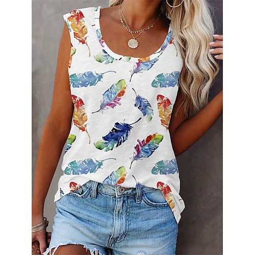 

Women's Tank Top Graphic Feather Patchwork Print Round Neck Casual Beach Tops White / 3D Print