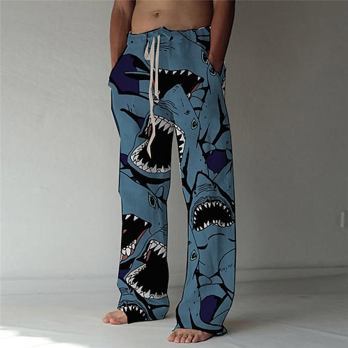 

Men's Trousers Beach Pants 3D Print Elastic Drawstring Design Front Pocket Animal Shark Graphic Prints Comfort Soft Casual Daily Fashion Designer Blue Khaki