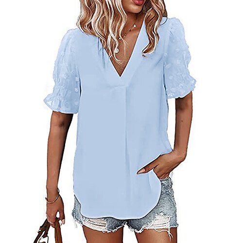 

Women's Blouse Shirt Wine Light Blue White Plain Short Sleeve Daily Weekend Streetwear Casual V Neck Regular S