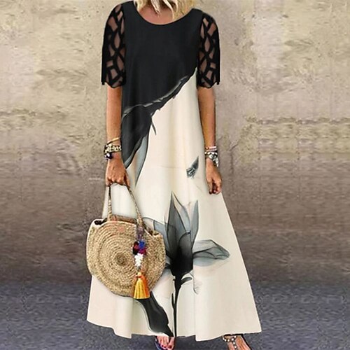 

Women's A Line Dress Maxi long Dress Black Short Sleeve Floral Lace Print Spring Summer Crew Neck Stylish Elegant 2022 S M L XL XXL