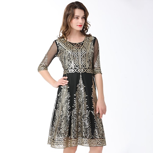 

A-Line Elegant Vintage Holiday Party Wear Dress Jewel Neck Half Sleeve Knee Length Cotton Blend with Sequin Splicing 2022
