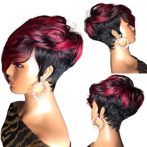 

Dark Red Pixie Cut Wig Human Hair Short Bob Wig With Natural Bang Brazilian Wigs For Women Cosplay Full Machine Human Hair Wig 1B99J