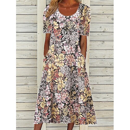 

Dame Uformell kjole Midikjole Beige Kortermet Blomstret Trykt mønster Vår Sommer Crew-hals Fritid 2023 S M L XL XXL 3XL