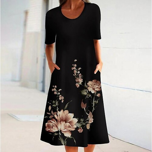 

Per donna Abito casual Vestito longuette Nero Manica corta Floreale Increspato Primavera Estate Girocollo Informale 2023 S M L XL XXL 3XL