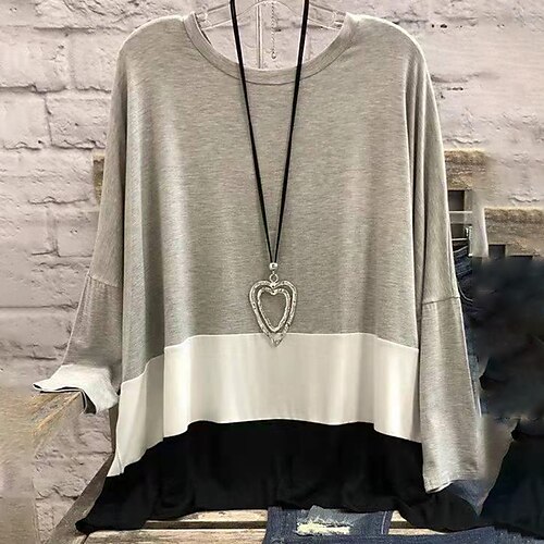 

Women's Plus Size Tops Blouse Color Block Patchwork Long Sleeve Round Neck Streetwear Festival Daily Sports Polyester Fall Winter khaki