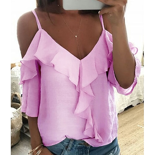 

Women's T shirt Tee Black White Pink Plain Ruffle Cut Out Short Sleeve Casual Weekend Basic V Neck Regular S