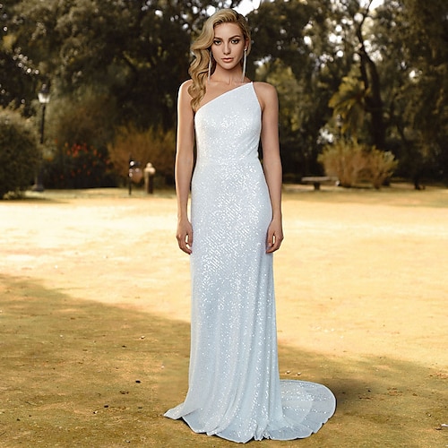 

Sheath / Column Wedding Dresses One Shoulder Spaghetti Strap Sweep / Brush Train Sequined Sleeveless Simple Sexy Sparkle & Shine Backless with Solid Color 2022