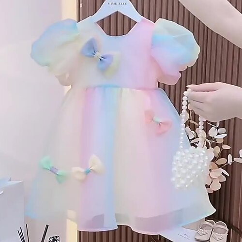 

Niños Chica Vestido color Manga Corta Rendimiento Malla Lazo Estilo lindo Dulce Algodón Sobre la rodilla Vestido de una línea Verano Primavera 3-12 años Azul Piscina