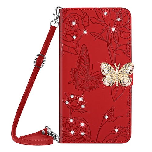 

Phone Case For Apple Handbag Purse Wallet Card iPhone 14 Pro Max 14 Plus 13 12 11 Pro Max Mini X XR XS Rhinestone with Removable Cross Body Strap Card Holder Slots Butterfly Solid Colored Crystal