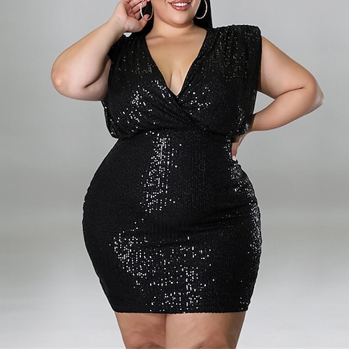 

Women's Plus Size Party Dress Solid Color V Neck Sequins Short Sleeve Spring Summer Sexy Sequins Prom Dress Short Mini Dress Party Back to School Dress / Sequin Dress / Homecoming Dress