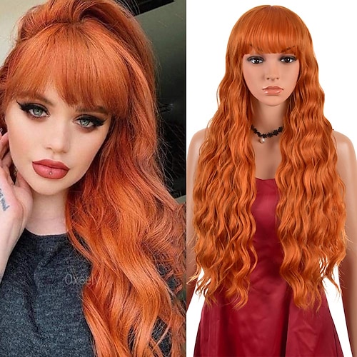 

Long Wavy Wigs with Bangs for Women Natural Wave Curly Wig Synthetic Hair dark orange Wigs for Girl Cosplay Daily Party Halloween Party Wigs 30 inches
