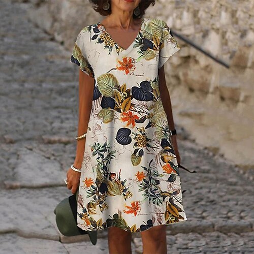 

Women's Shift Dress Short Mini Dress White Beige Short Sleeve Floral Print Spring Summer V Neck Casual Vacation 2022 S M L XL XXL 3XL