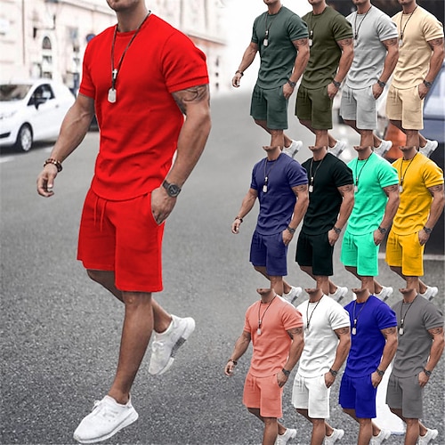 

Men's Tracksuit Running T-Shirt With Shorts Cotton Moisture Wicking Sweat wicking Fitness Running Jogging Sportswear Solid Colored Dark Grey Violet fluorescent green White Black Blushing Pink