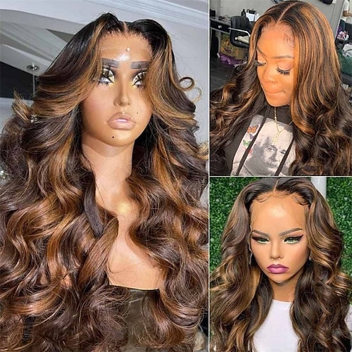 

Forever Balayage FB30 Body Wave Highlight 13x4 Lace Front Human Hair Wigs for Black Women 10A Brazilian Hair Ombre Brown Blonde Lace Frontal Wigs Pre Plucked with Baby Hair 150%/180% Density