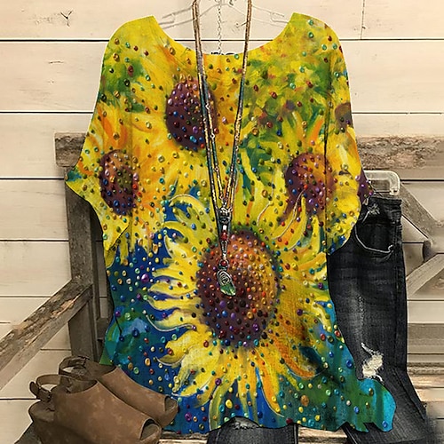 

Women's Plus Size Tops Blouse Floral Print Short Sleeve Round Neck Streetwear Festival Daily Sports Polyester Spring Summer Green Blue