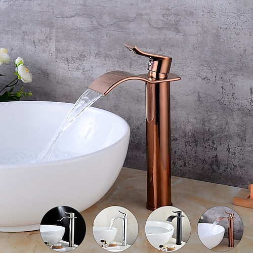 

Brass Bath Sink Faucet with Drain,Waterfall Rose Gold Tall Centerset Single Handle One Hole Bath Taps with Hot and Cold Water