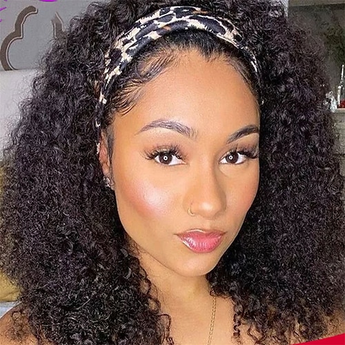 

Human Hair Wig Curly With Headband Natural Black Adjustable Easy to Carry Natural Hairline Machine Made Brazilian Hair Women's Natural Black #1B 10 inch 12 inch 14 inch Party / Evening Daily Wear