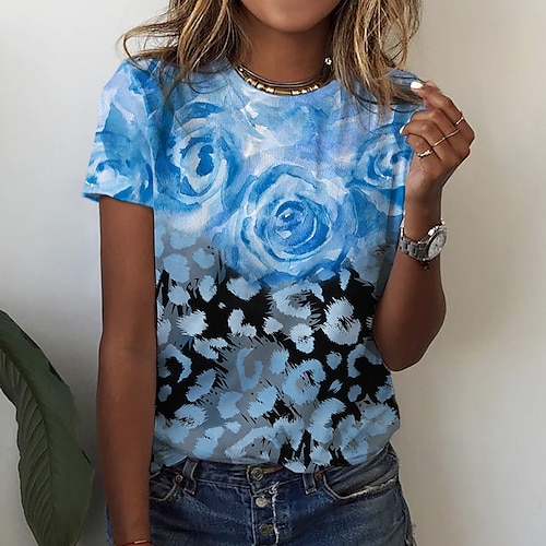 

Women's Floral Theme Painting T shirt Floral Print Round Neck Basic Tops Green Blue Purple / 3D Print