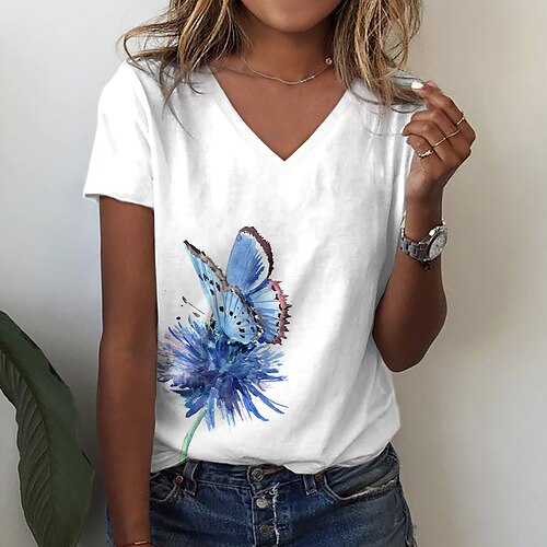 

Women's Casual Holiday Weekend Floral Butterfly Painting T shirt Tee Floral Butterfly Short Sleeve Print V Neck Basic Tops Green White Yellow S / 3D Print