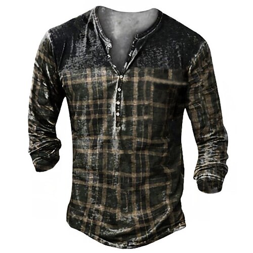 

Men's Henley Shirt Tee T shirt 3D Print Graphic Tartan Plus Size Henley Daily Sports Button-Down Print Long Sleeve Tops Basic Classic Designer Comfortable Black