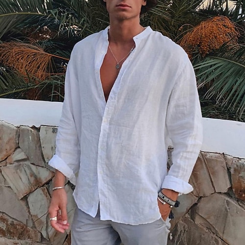 

Men's Shirt Solid Color Turndown White Outdoor Street Long Sleeve Button-Down Clothing Apparel Cotton Fashion Casual Breathable Comfortable