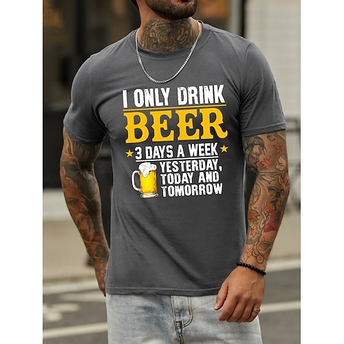 

Men's T shirt Hot Stamping Beer Letter Round Neck Casual Daily Print Short Sleeve Tops Simple Basic Black Blue Gray