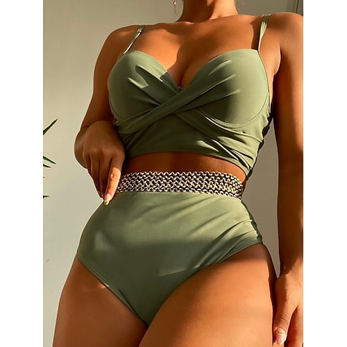 

Women's Swimwear Bikini Swimwear 2 Piece Normal Swimsuit High Waisted Solid Color Green Padded V Wire Bathing Suits Sports Vacation Sexy / Strap / New / Strap