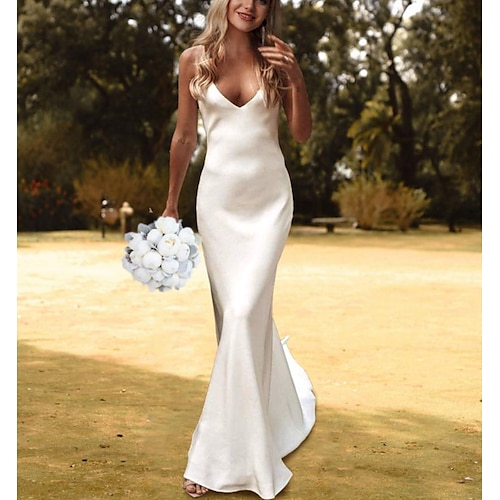

Sala Informale Abiti da sposa Strascico di corte A sirena Senza maniche Con bretelline A V Charmeuse (armaturato) Con Tinta unita 2023 Abiti da sposa