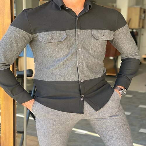 

Men's Shirt Patchwork Turndown Casual Daily Button-Down Long Sleeve Tops Casual Fashion Breathable Comfortable Gray