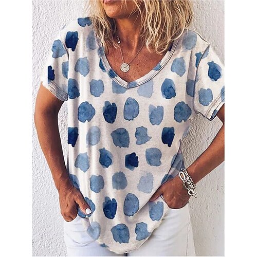 

Women's T shirt Geometric Patchwork Print V Neck Basic Tops Blue / 3D Print