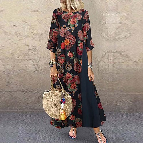 

Women's Shift Dress Swing Dress Long Dress Maxi Dress Gold Wine Navy Blue 3/4 Length Sleeve Floral Print Fall Spring Autumn Crew Neck Loose Fit 2022 M L XL XXL 3XL 4XL 5XL
