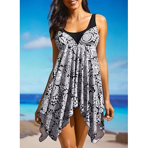 

Traje de baño tankini de 2 piezas para mujer, traje de baño normal de cintura alta con estampado floral, trajes de baño acolchados blancos, deportes de vacaciones/nuevo