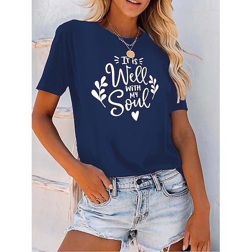 

Women's Casual Weekend Painting T shirt Tee Leaf Text Short Sleeve Print Round Neck Basic Tops Green White Black S