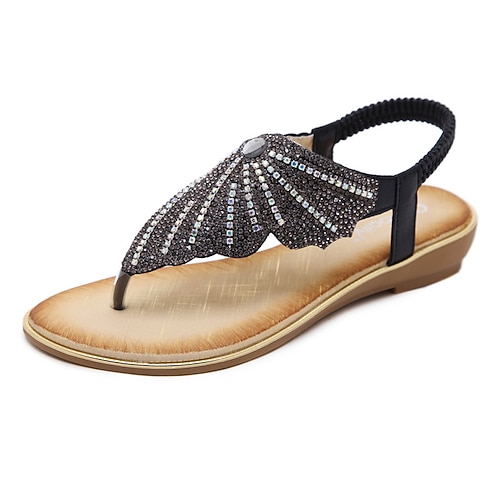 

Women's Sandals Boho Bohemia Beach Rhinestone Flat Heel Round Toe Open Toe Elegant Casual Daily Office Walking Shoes PU Leather Elastic Band Spring Summer Solid Colored Black Gold